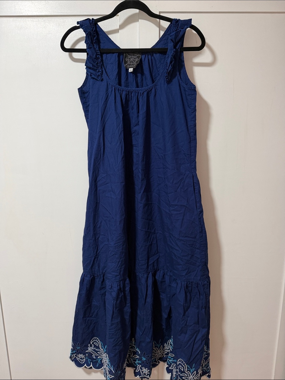 Johnny Was Deep Navy Ruffle-Shoulder Embroidered Maxi Dress
